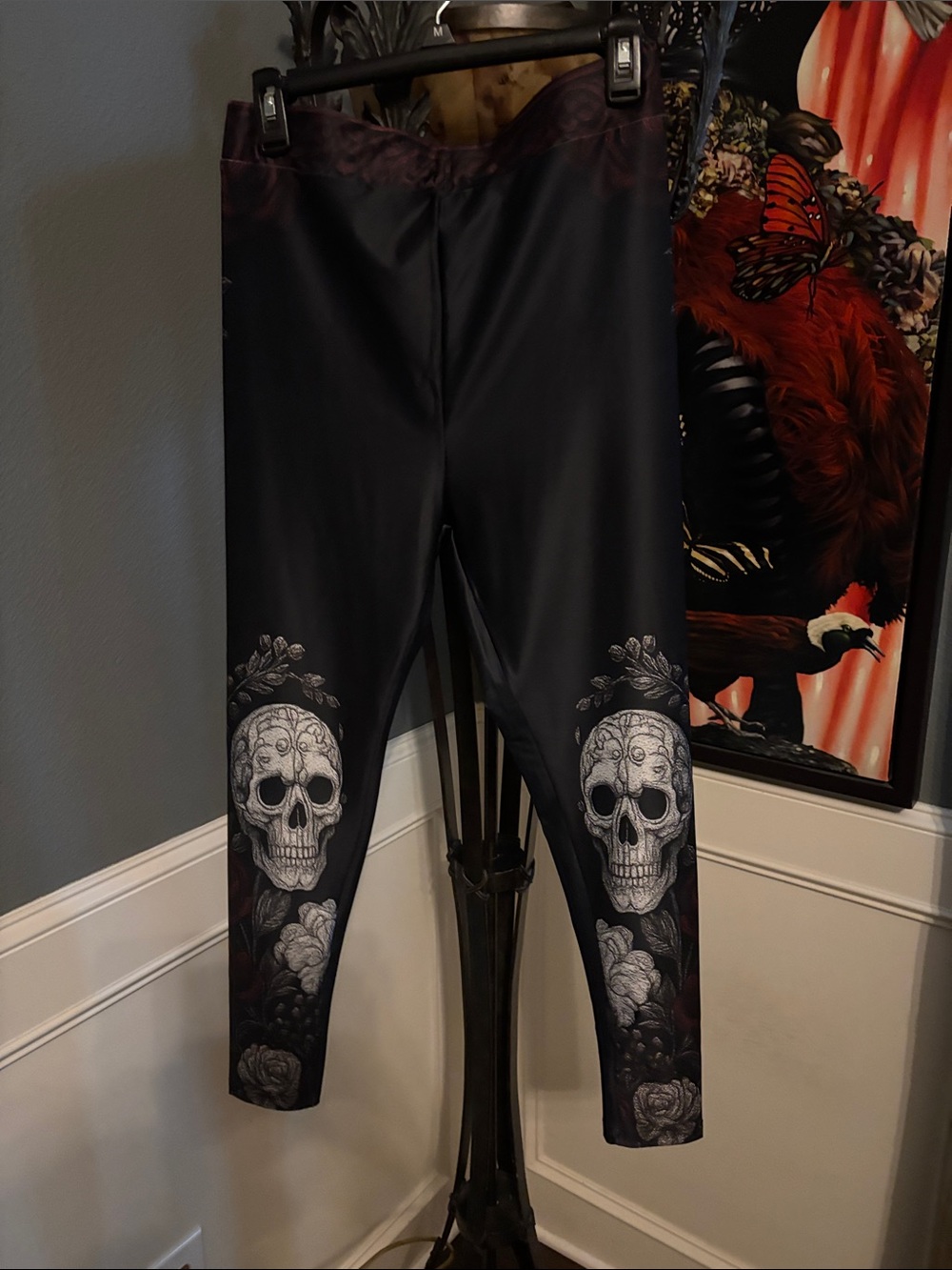 Halloween Black Leggings with White Skull Print - Halloween store (M)